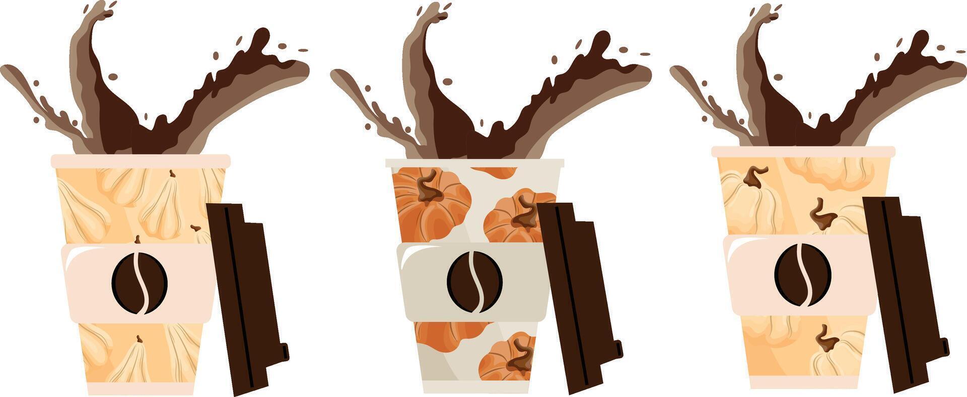 set of autumn takeaway coffee cup templates with orange and white pumpkins and coffee splashes, for different drink designs vector