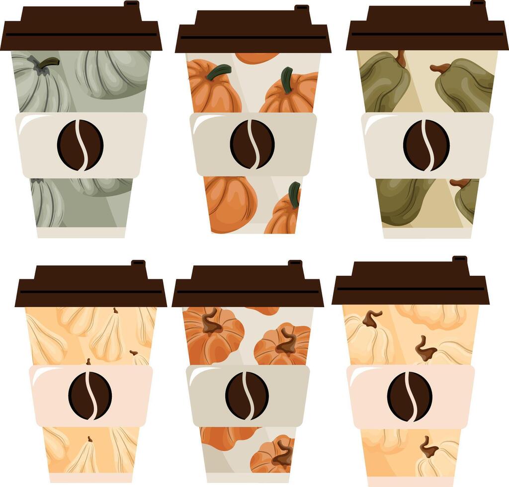 large set of autumn takeaway coffee cup templates with white, green and orange pumpkins and brown lids, for different drink designs vector