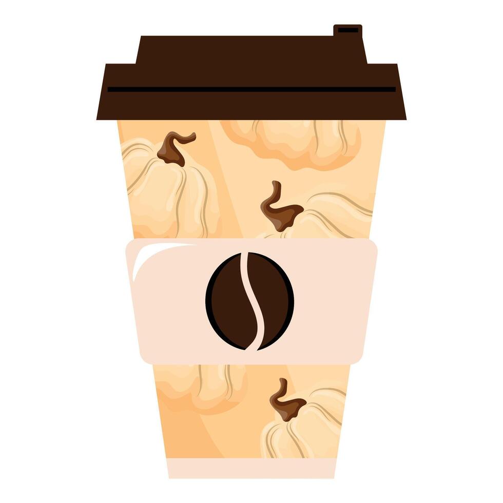 Autumn takeaway coffee cup template with white round pumpkins and brown lid for different drink designs vector