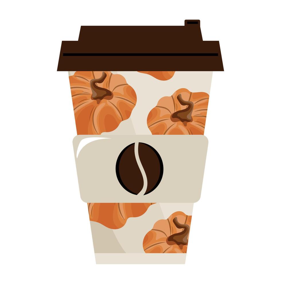 Autumn takeaway coffee cup template with orange pumpkins and brown lid for different drink designs vector