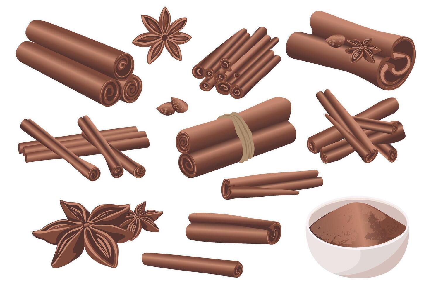 Cinnamon cooking spice mega set elements in flat graphic design. Collection objects of dry aromatic rolled sticks, powders in bowl, star anise and seeds, sweet bakery ingredients. illustration. vector