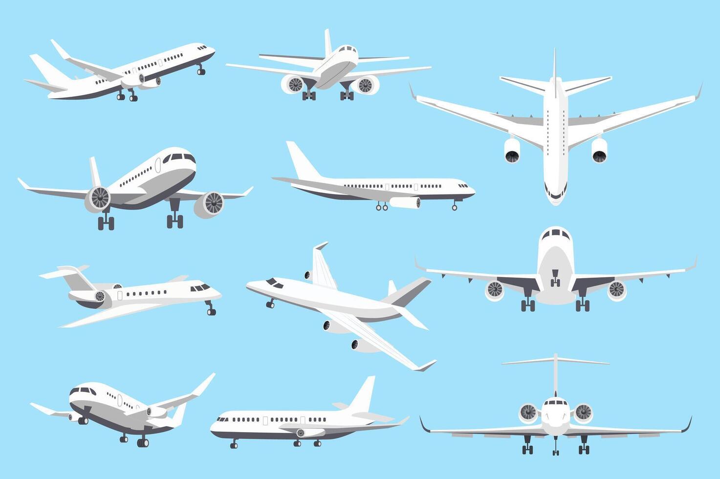 Airplanes in different angles mega set elements in flat graphic design. Collection objects of air transport in front, side, top and back view. Passenger or cargo plane flight. illustration. vector