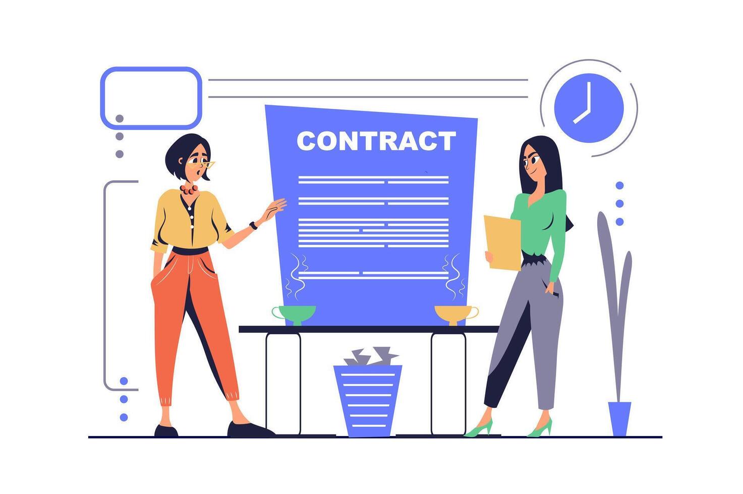 Teamwork concept in modern flat cartoon design for web. Women work in team, coworking in office, talking about tasks and job contracts at meeting, developing project together. illustration. vector