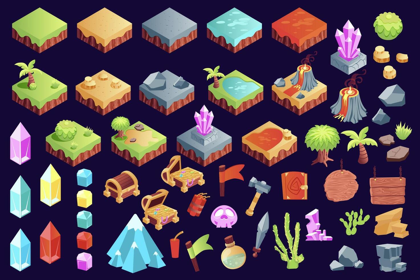 Isometric game landscape mega set elements in flat graphic design. Collection objects of building assets with grass, sand, sea platforms, flag, bottle, sword, book, other signs. illustration. vector
