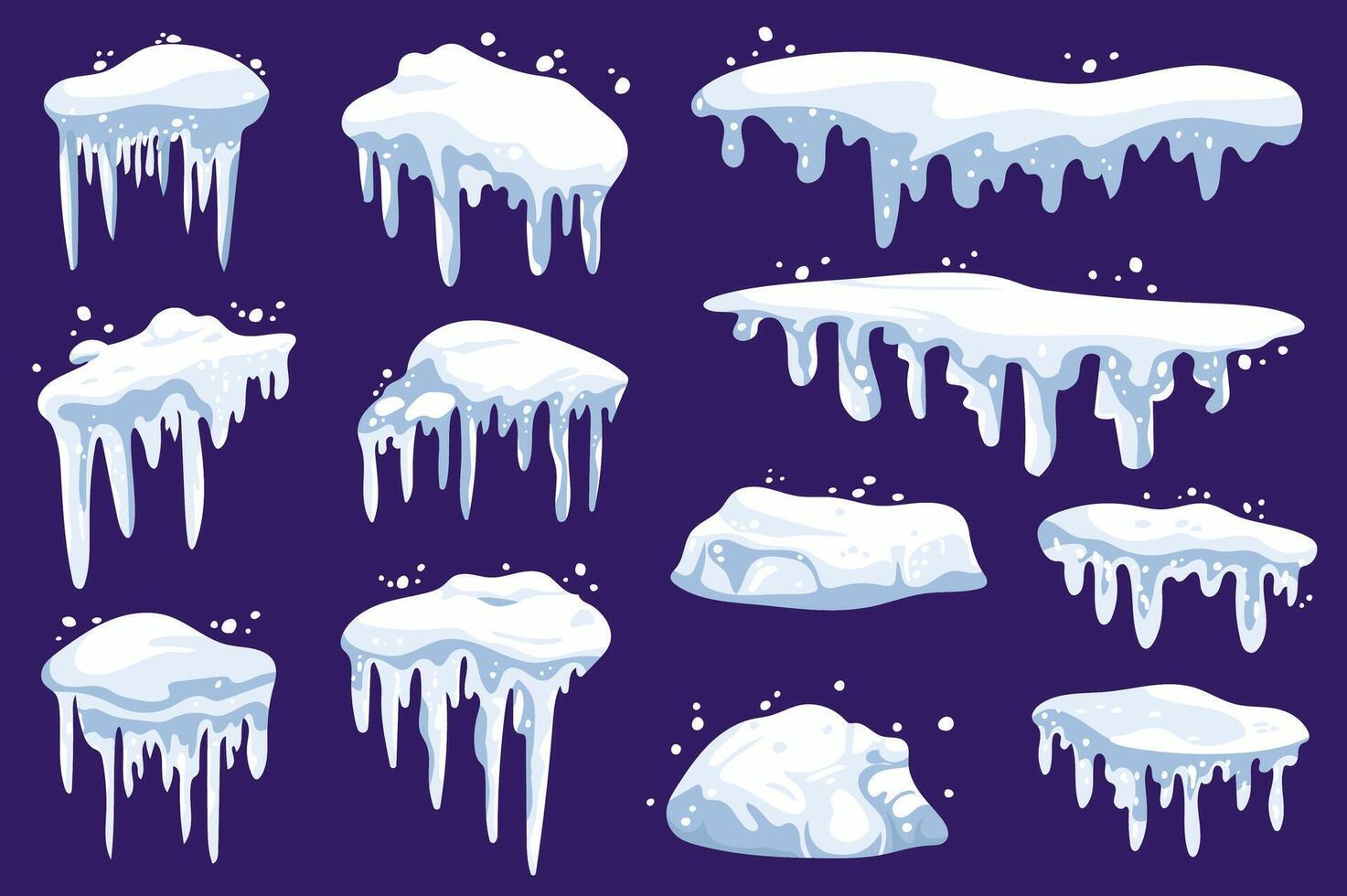 Winter snowcap mega set elements in flat graphic design. Collection objects of snow caps with frozen icicles, white and blue snowy borders at house roof and seasonal decoration. illustration. vector