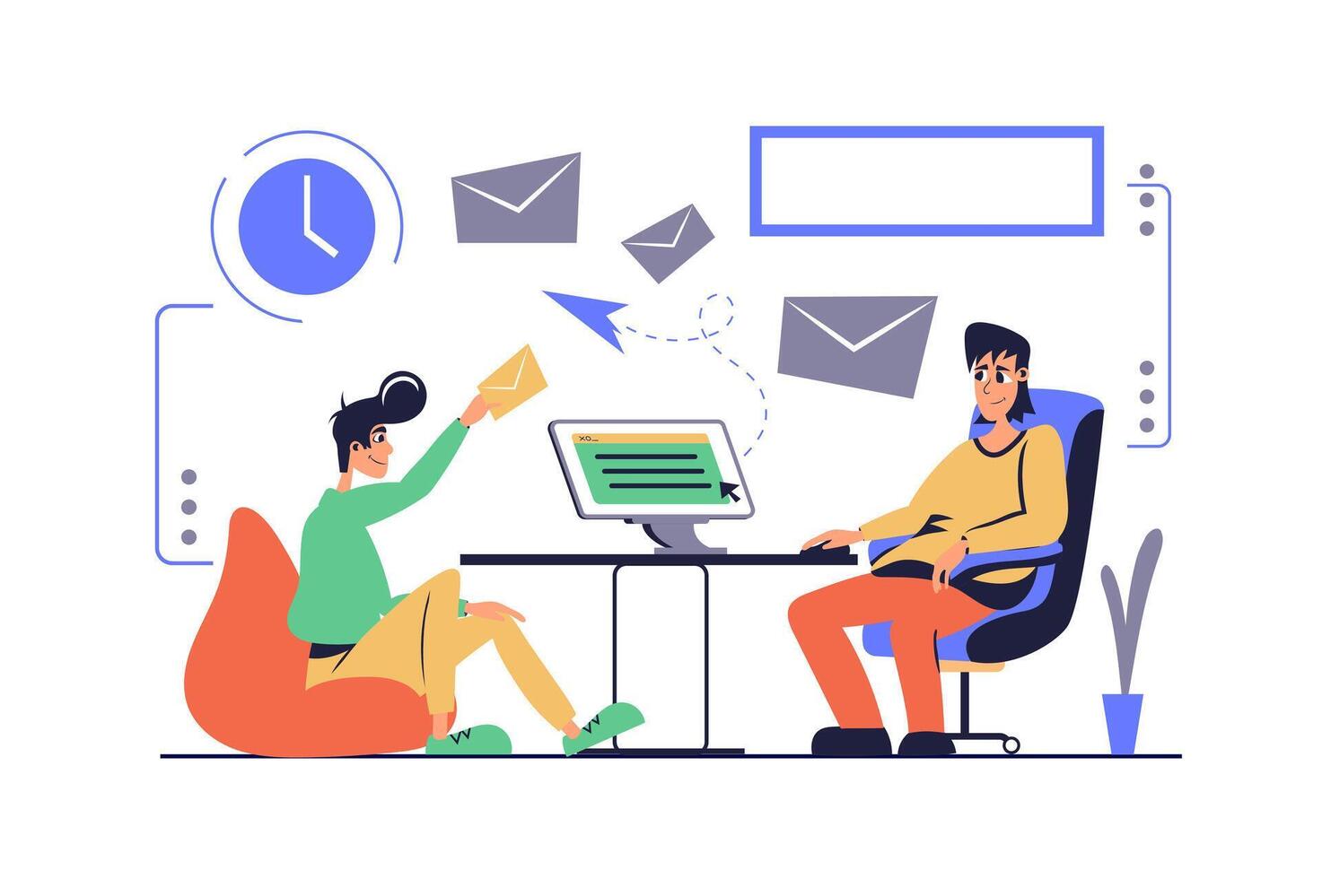 Email service concept in modern flat cartoon design for web. Man chatting and sending messages, sending digital letters, receiving new inbox correspondence and spam at computer. illustration. vector