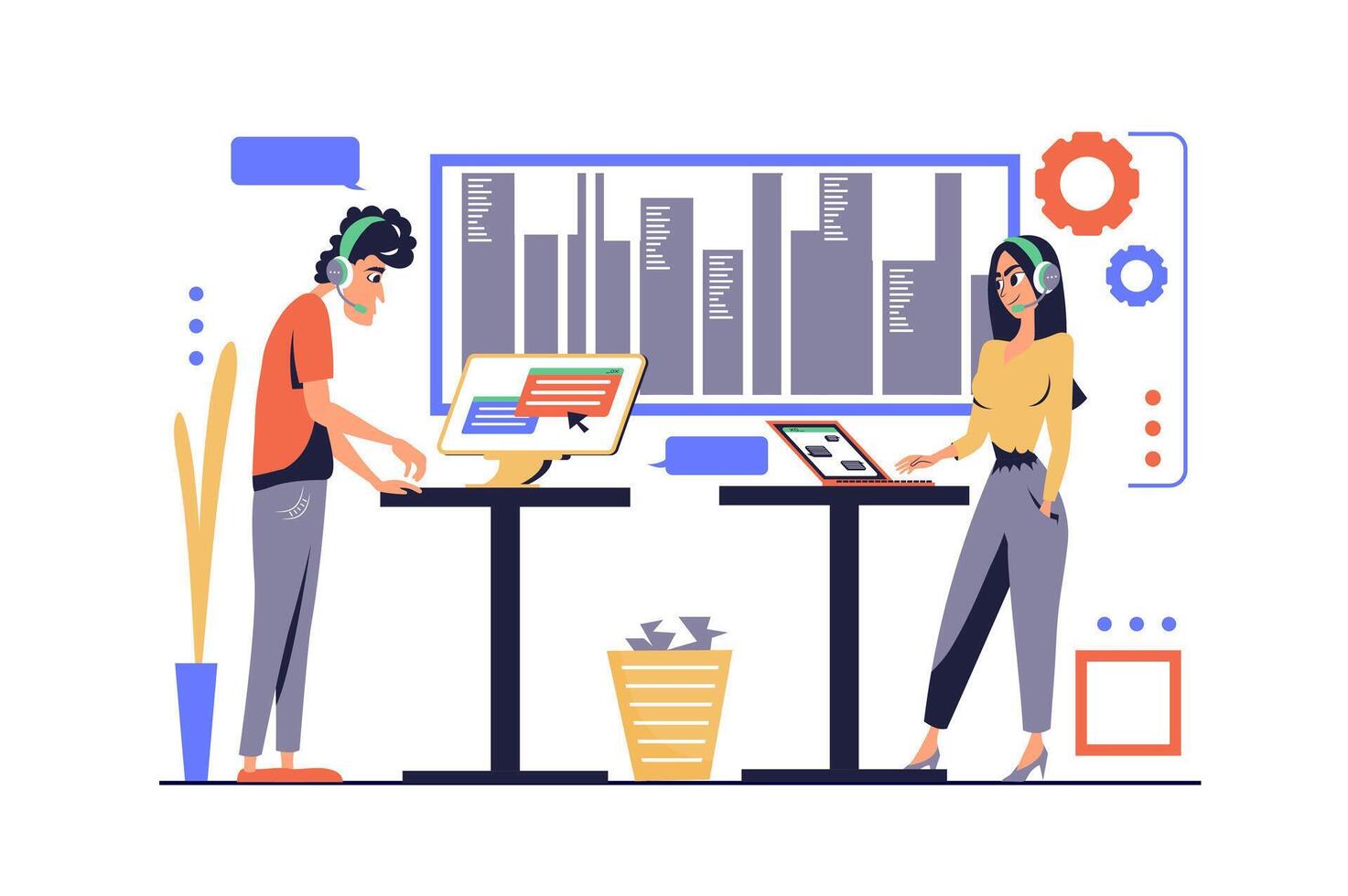 Customer service concept in modern flat cartoon design for web. Man and woman in headsets working in client support, answering calls and messages, helping with tech problems. illustration. vector