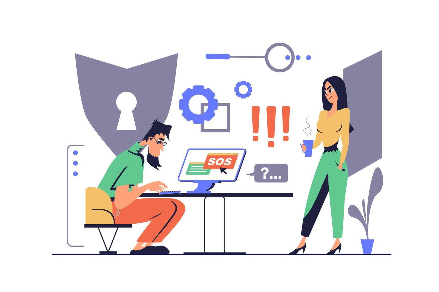 Cyber security concept in modern flat cartoon design for web. Man and woman working in team, protecting clients personal information and shield privacy network with online secure. illustration. vector