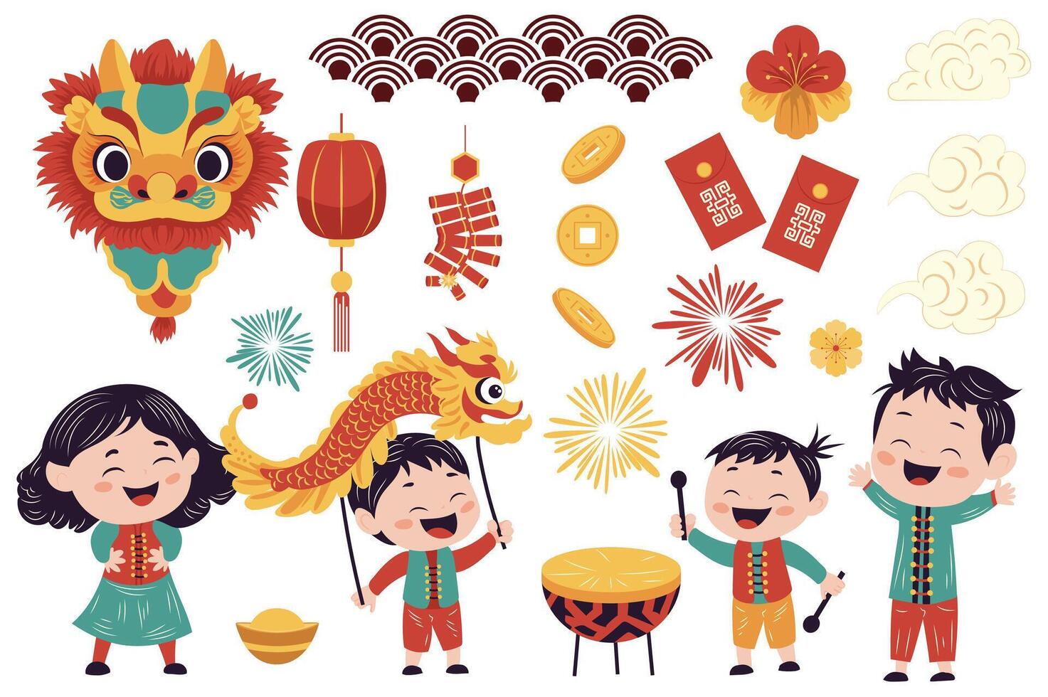 Chinese New Year mega set elements in flat graphic design. Collection objects of asian symbols, dragon head, lanterns, coins, clouds, ornament patterns, boys and girl celebrate. illustration. vector