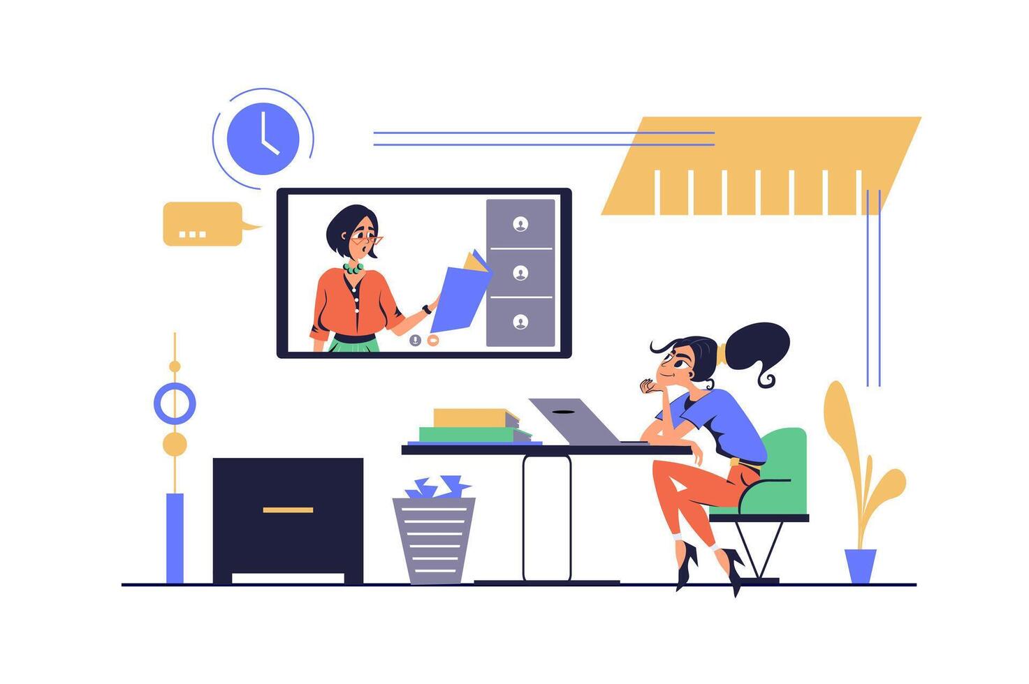 Distance learning concept in modern flat cartoon design for web. Woman watching seminar and listening teacher, studying remotle at online trainings and doing homework. illustration. vector