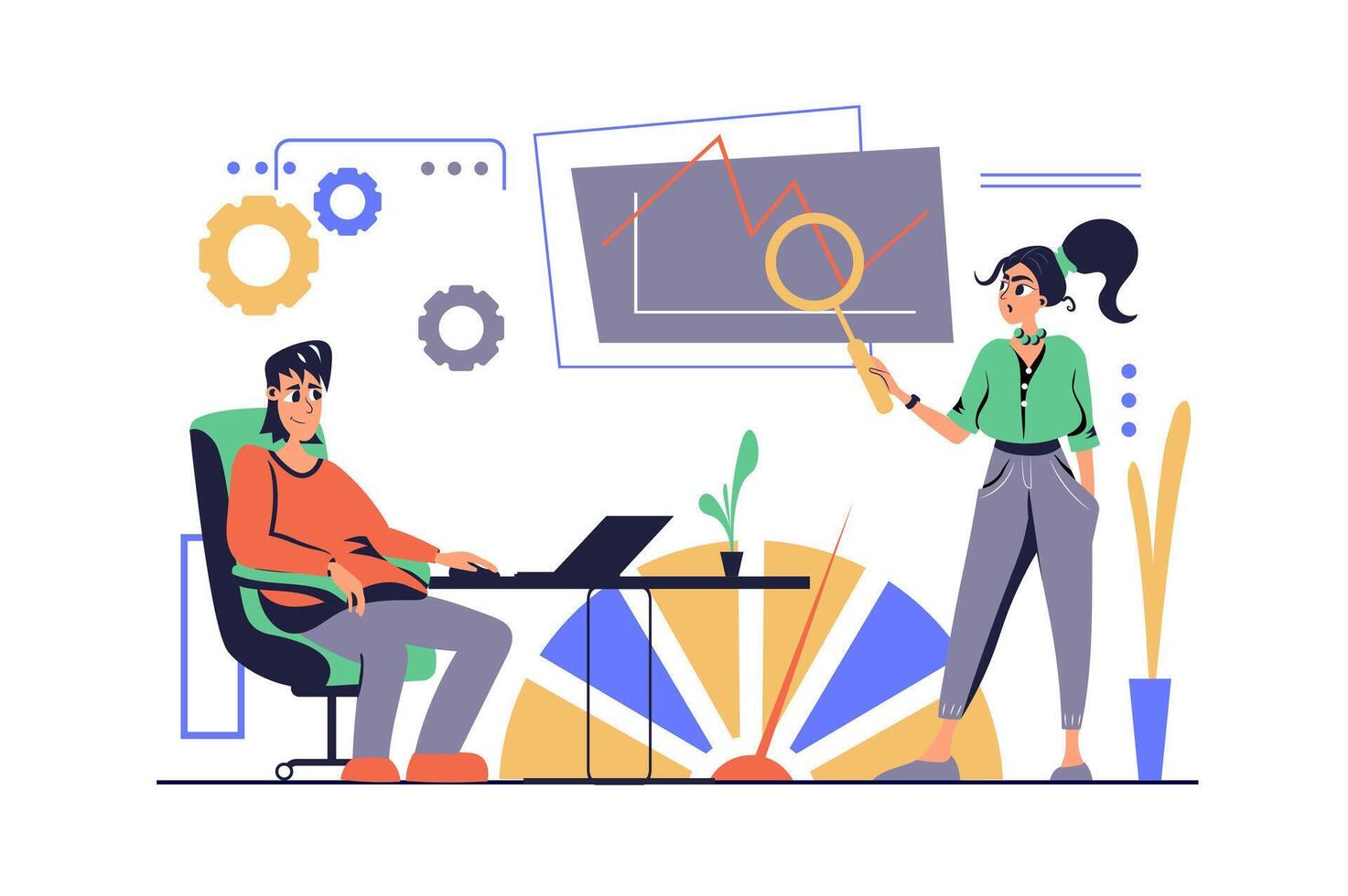 Data analysis concept in modern flat cartoon design for web. Man and woman analyzing charts on screen, monitoring statistic reports, brainstorming and make research at meeting. illustration. vector