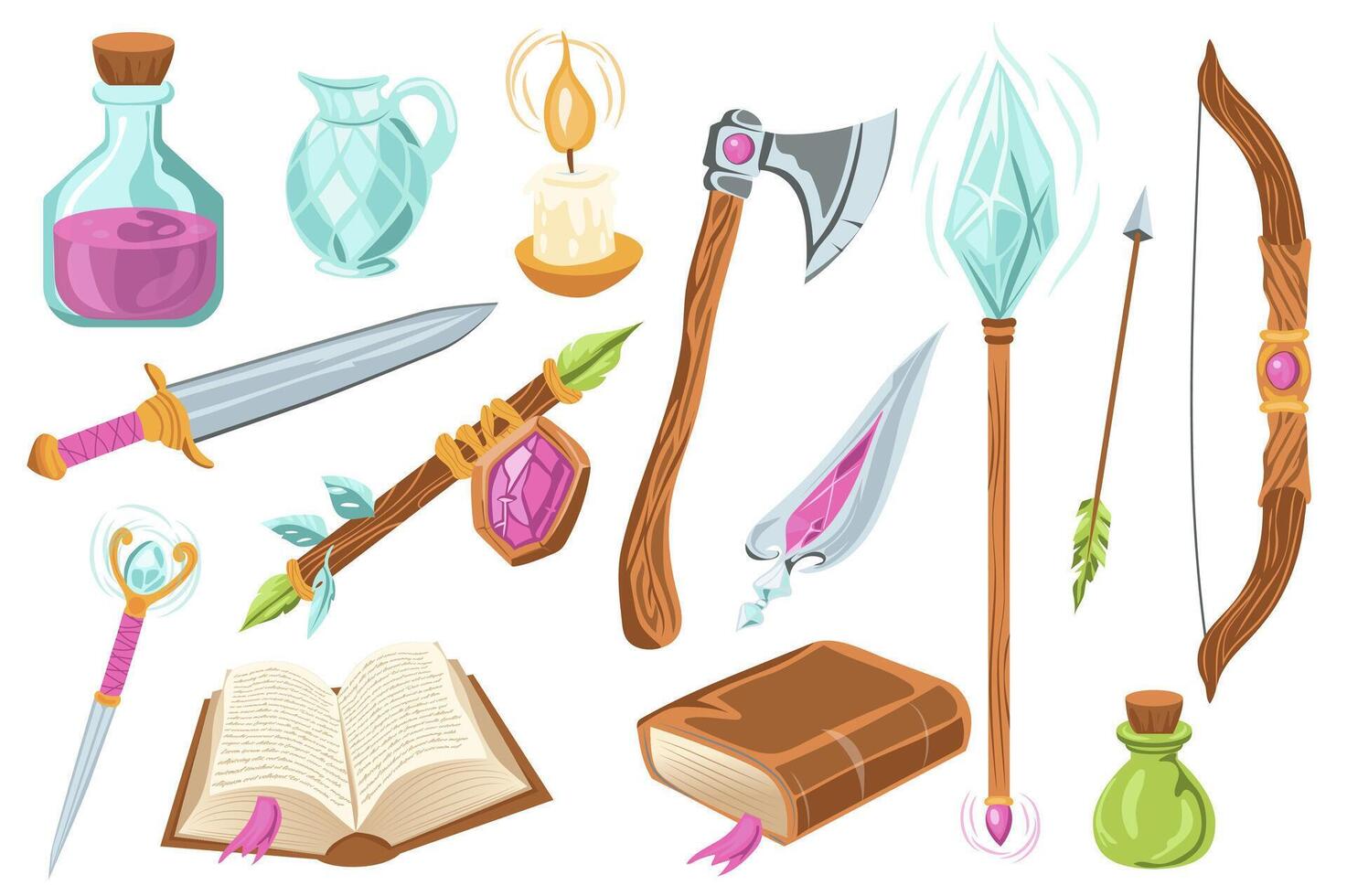 Fantasy magic weapons mega set elements in flat graphic design. Collection objects of potion bottles, wizard wand with crystal, warrior sword, fight axe, magician books and other. illustration. vector