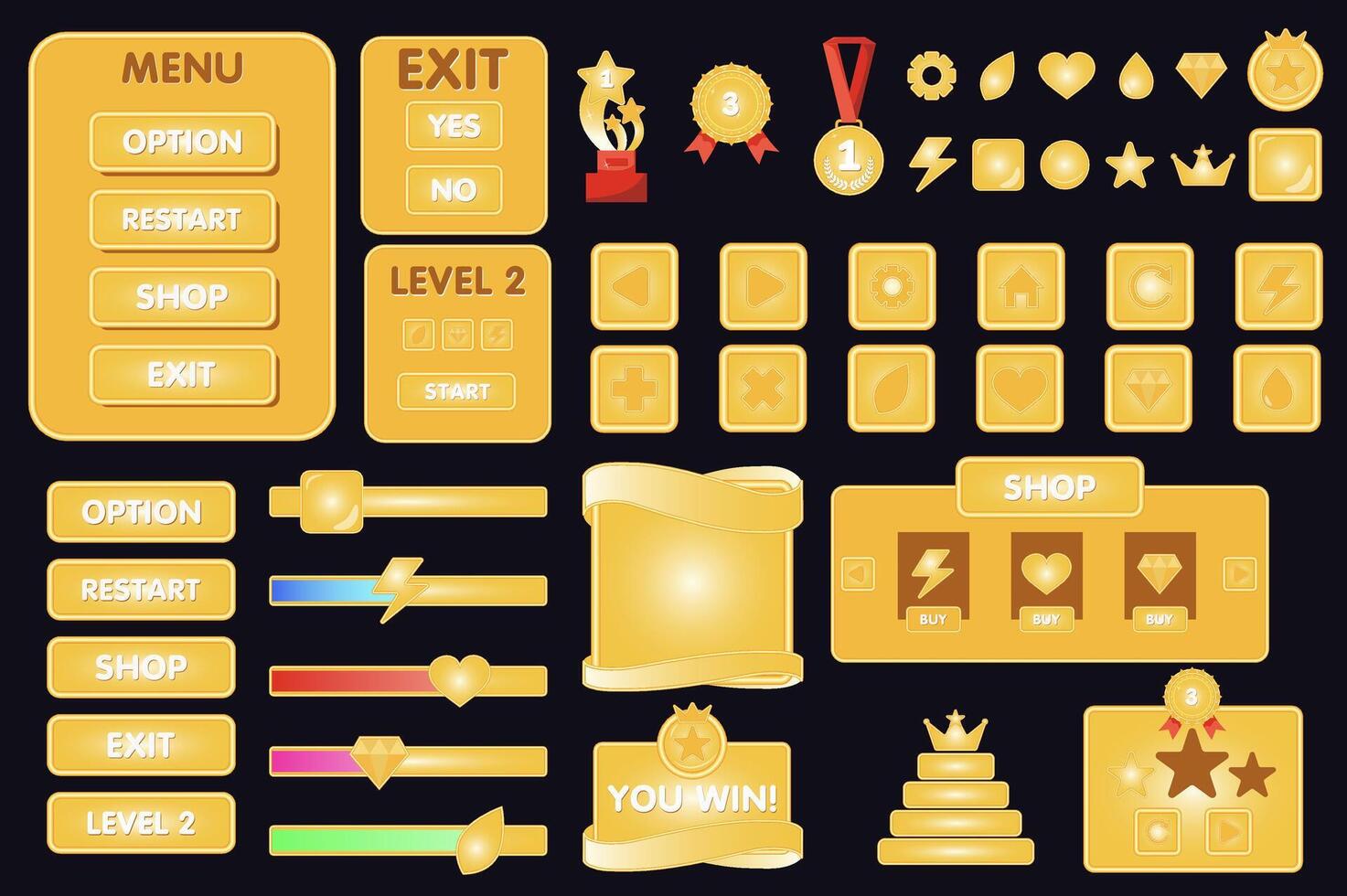 Interface game buttons mega set elements in flat graphic design. Collection objects of different bars and banners, panels with menu, option, exit, level, gold win trophy, others. illustration. vector