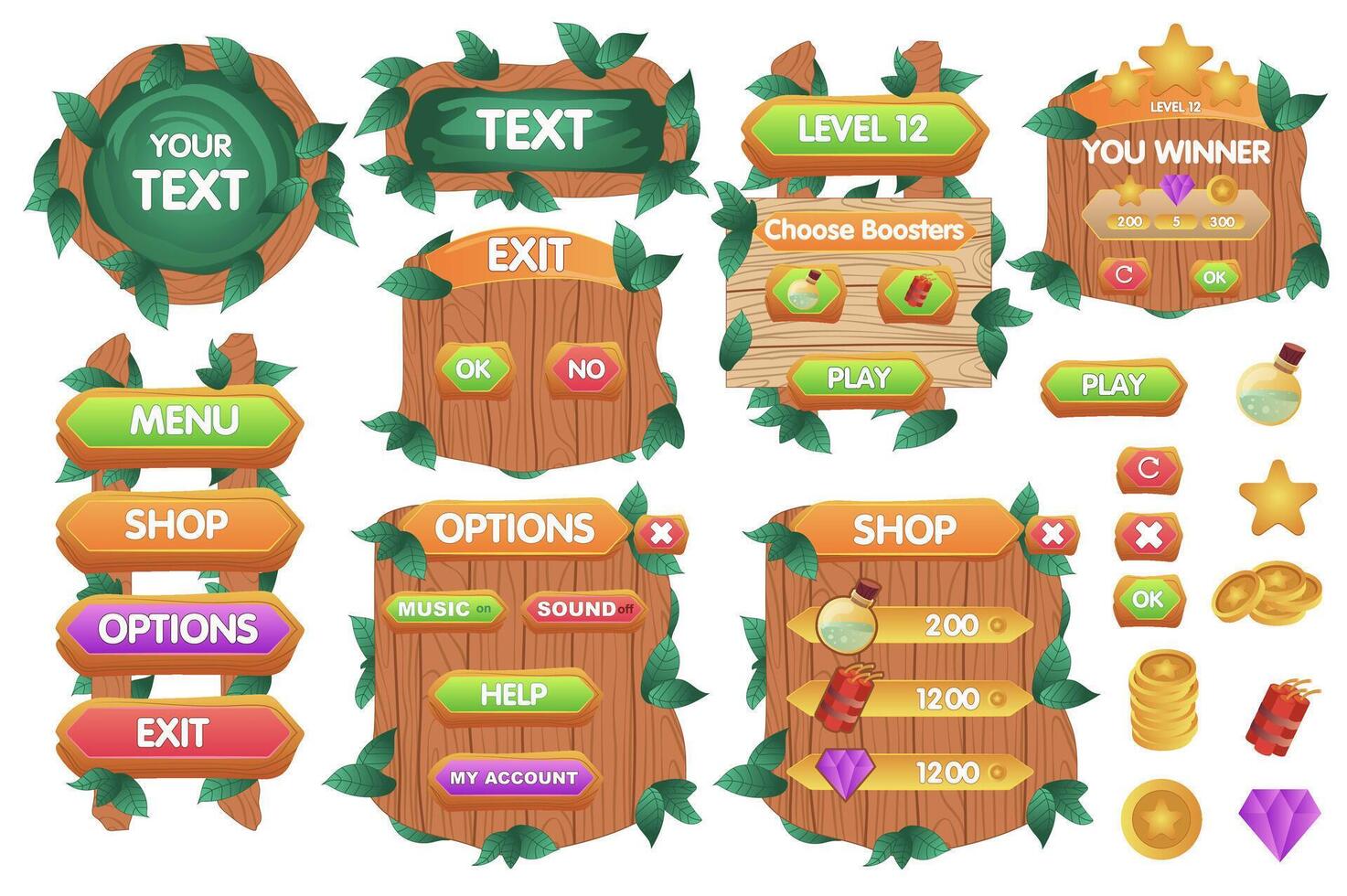 Jungle game interface mega set elements in flat graphic design. Collection objects of tropical leaves menu, wooden boards, bars, buttons, different panels and huds, other assets. illustration. vector