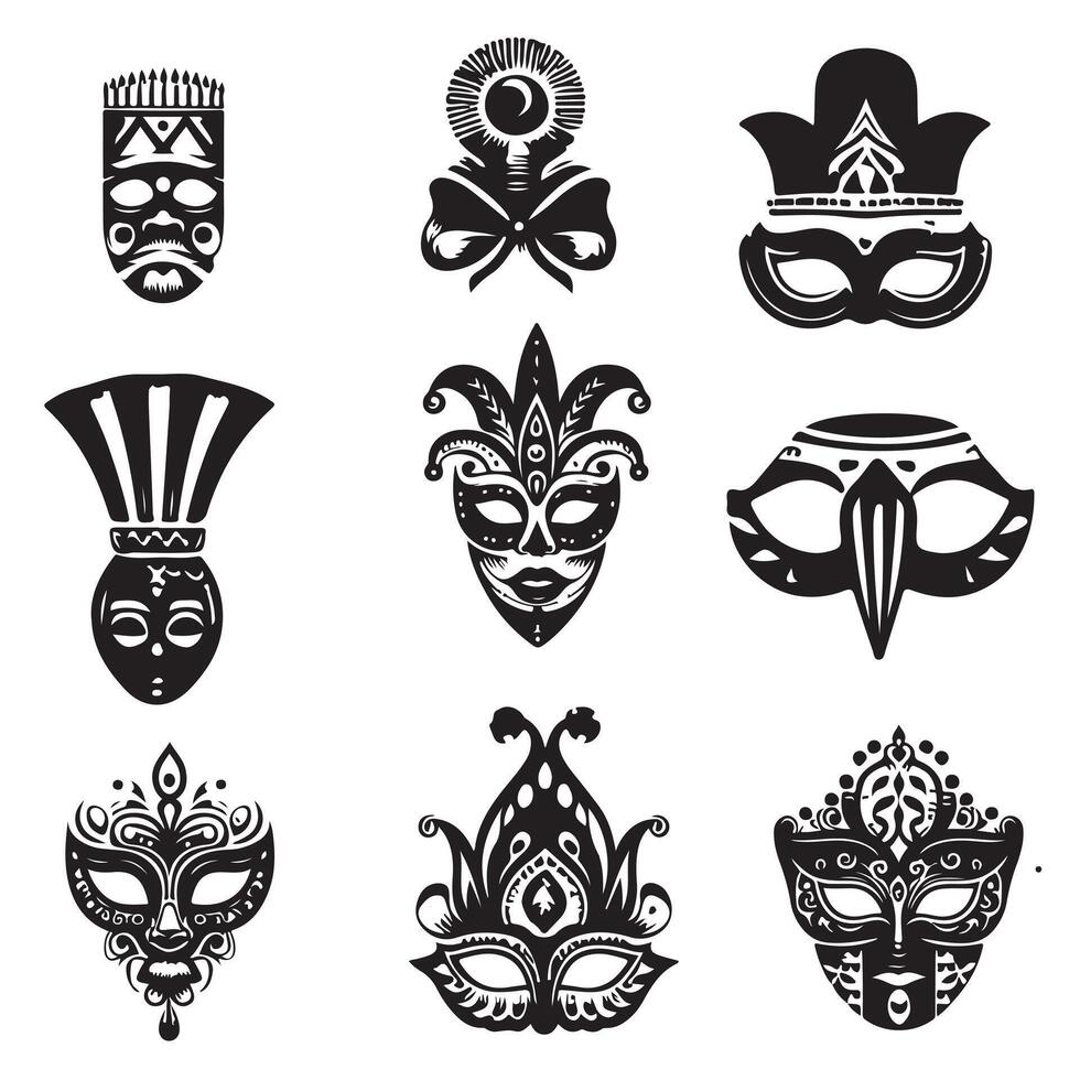 Festival Mask Bundle Illustration, Theater Mask Cut File, Circus Stencil silhouette on white background 10 eps vector
