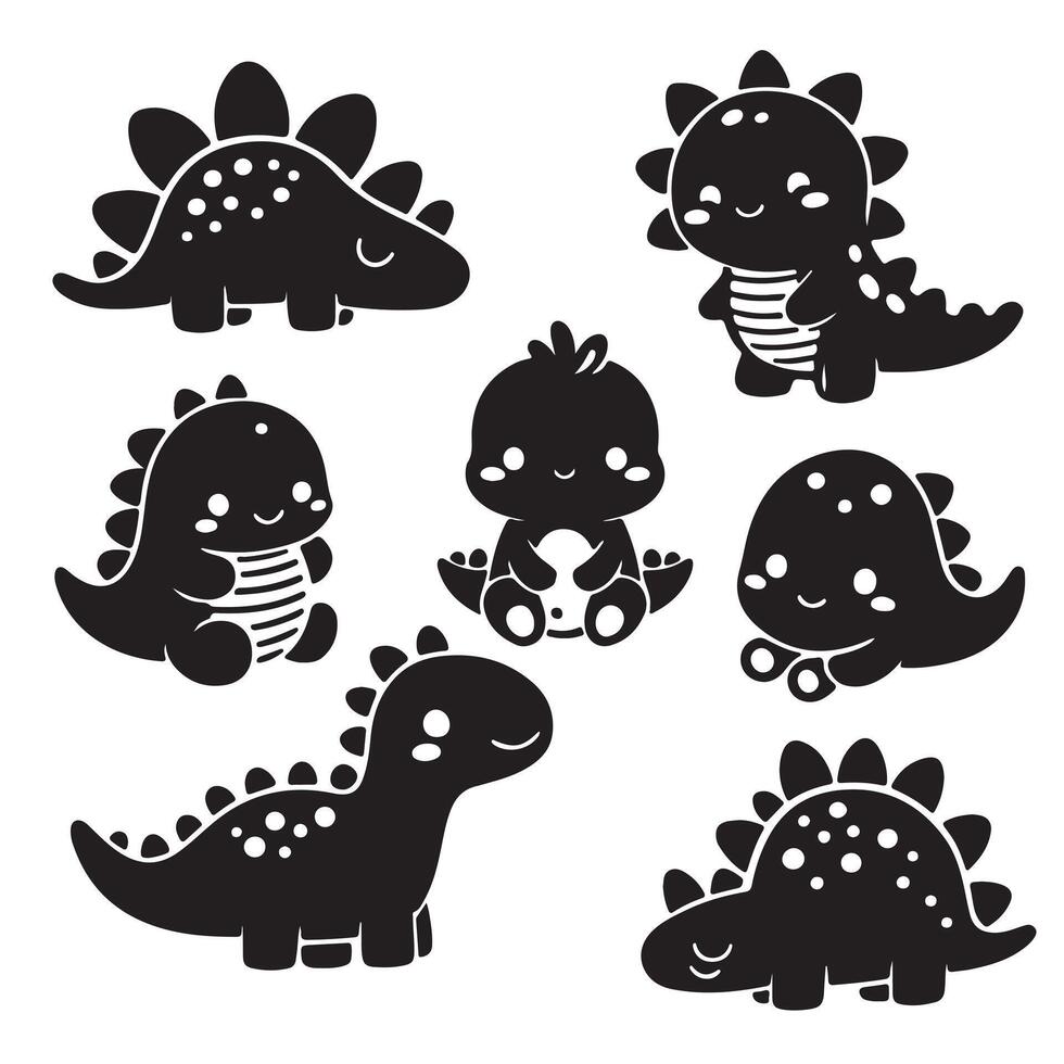 black Cute Dinosaur Bundle Illustration, Baby Dinosaur Cut File, Cartoon Stencil, silhouette on white background 10 eps vector