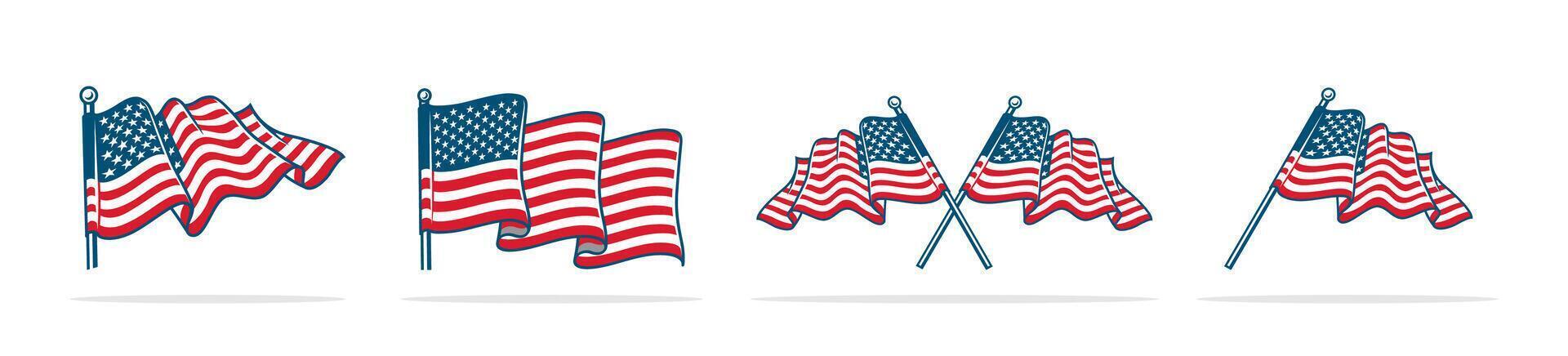 American flag flat set. Flat-style American flag icons vector