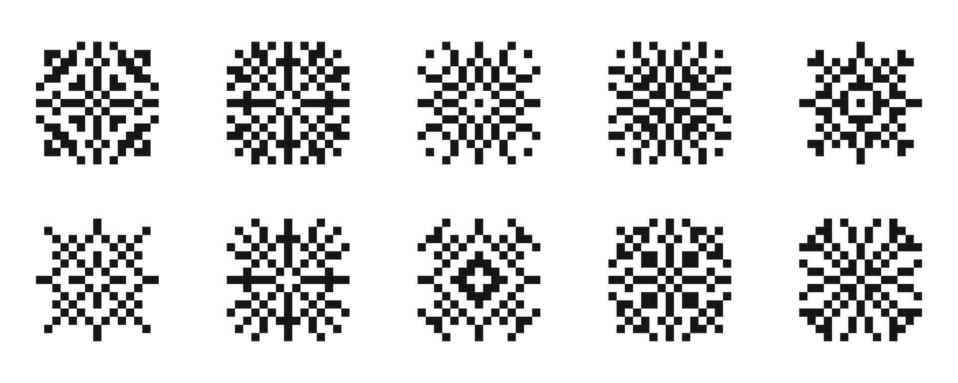 Snowflake pixel style ornament icons. Pixel-style snowflake designs vector