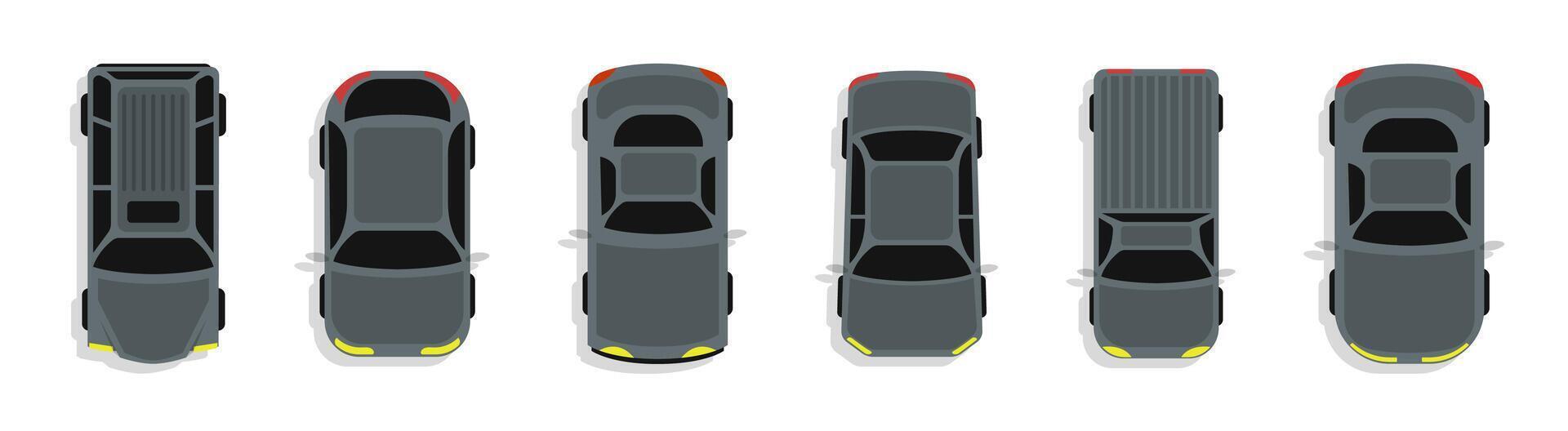 Car top view icons. Top view of cars in various models vector