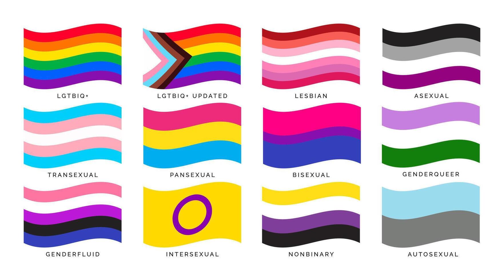 LGBTQ flags flat set. Collection of LGBTQ pride flags in flat style vector