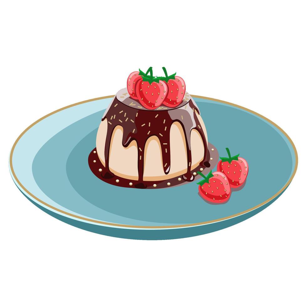 Chocolate Panna cotta with strawberries on a plate vector