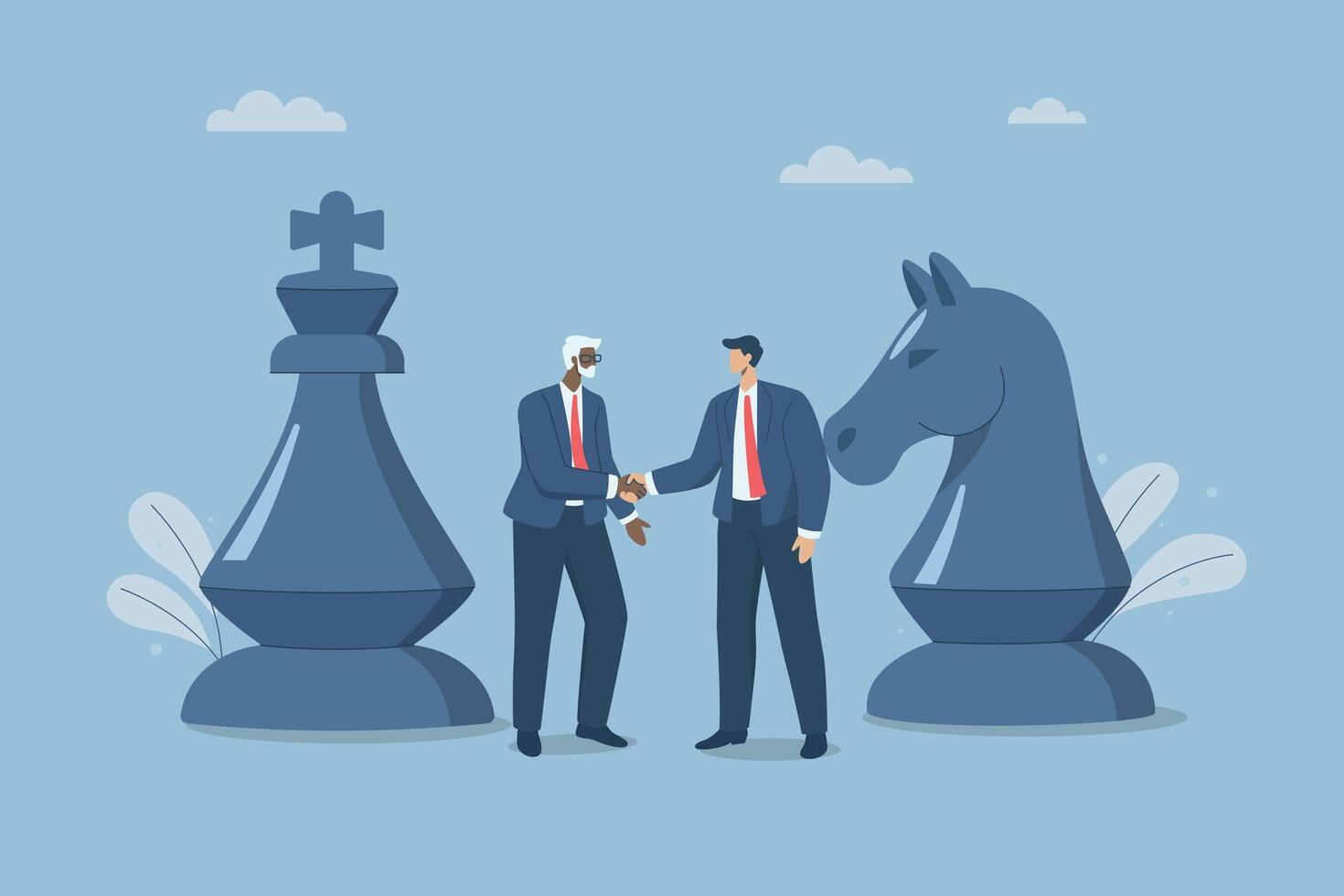 Two business leader shaking hands with big chess piece, Collaborative strategies for mutual success, Business agreements and negotiation skills, Planning for important collaborations with company. vector