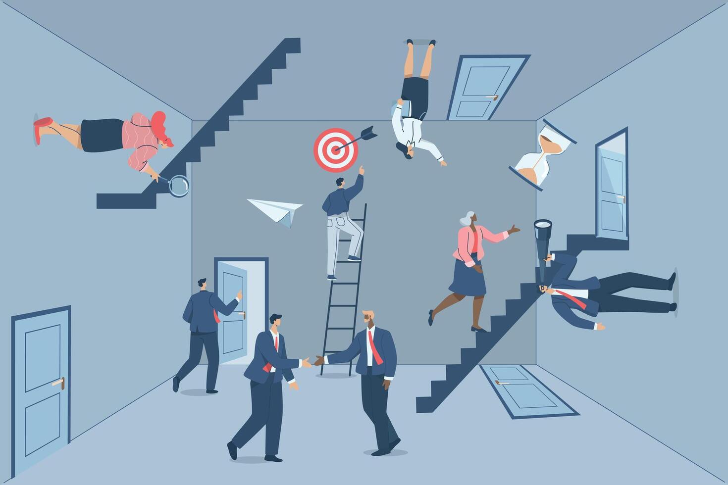 Business confusion and wrong strategies, Challenges in choosing a career path, Businessmen are confused about making the right decision, Complexity of thinking and searching for solutions. vector