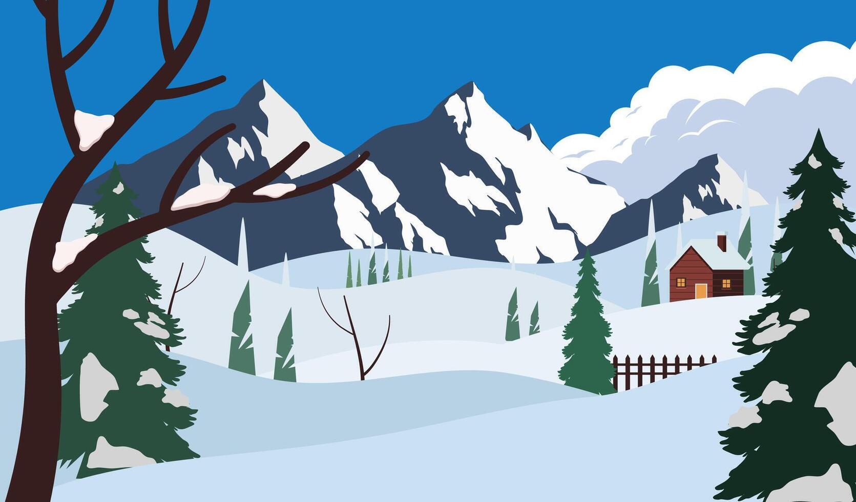 Winter landscape with snow covered mountains and trees vector
