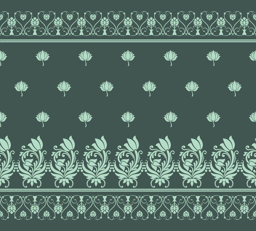The green floral ikat Indian motif horizontal border seamless pattern is designed for background decorations, textile prints, cloth texture, and other prints. vector