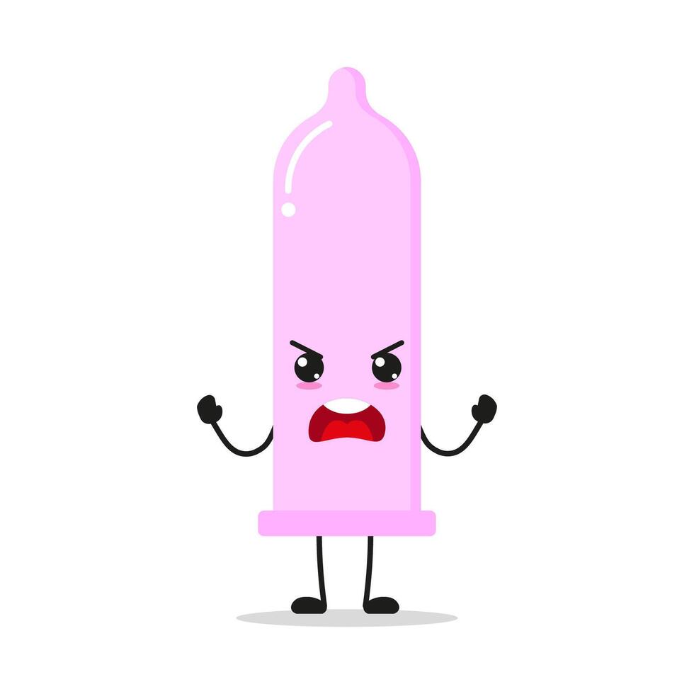 Cute furious condom character. Temperament contraceptive cartoon emoticon in flat style. protection emoji illustration vector