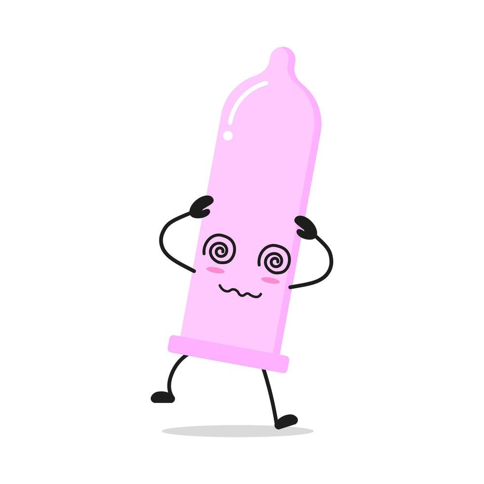 Cute dizzy condom character. Funny confused contraceptive cartoon emoticon in flat style. protection emoji illustration vector