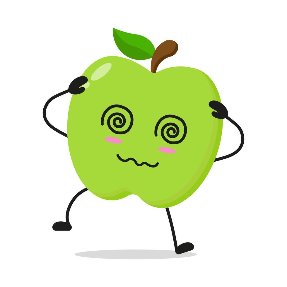 Cute dizzy green apple character. Funny confused fruit cartoon emoticon in flat style. vector