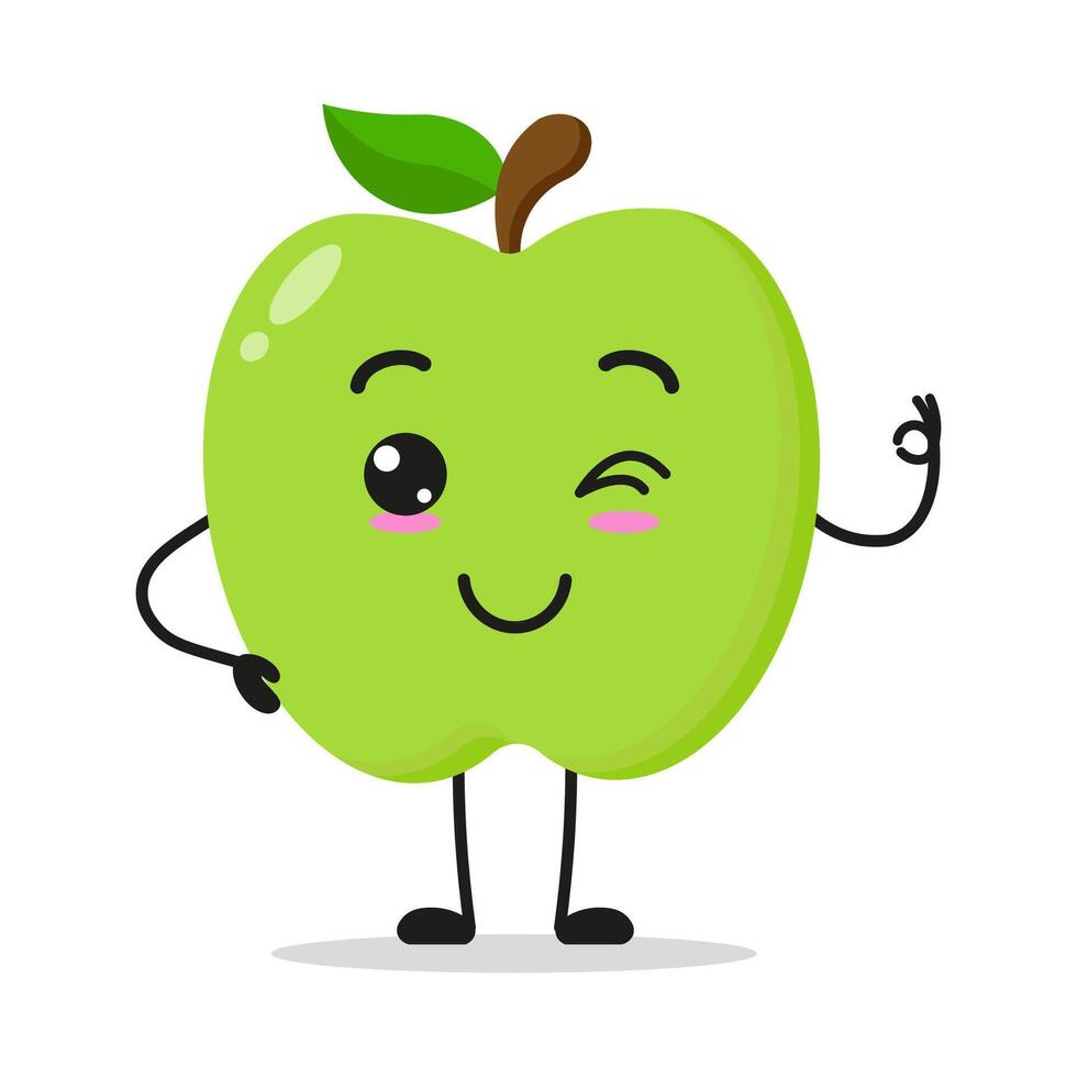 Cute green apple character. Funny smiling and wink fruit cartoon emoticon in flat style. apple emoji vector