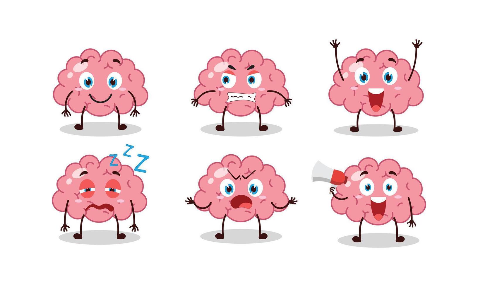 funny brain cartoon with many expressions illustration vector