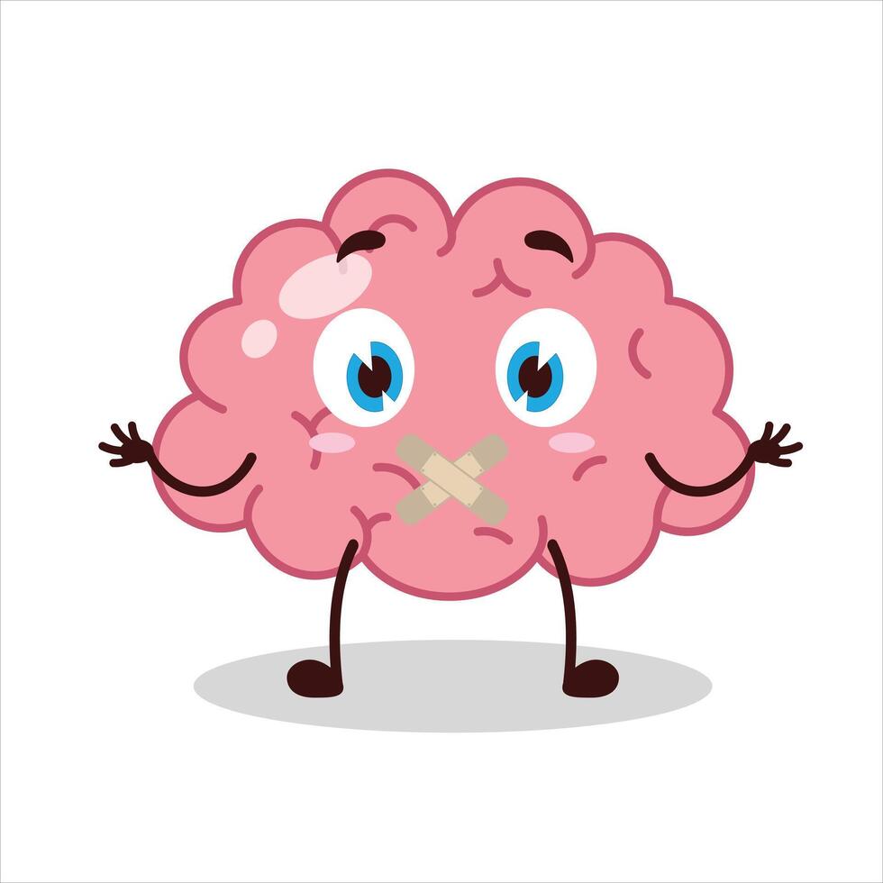Cute shut up expression of brain mouth closed with plaster cartoon character vector