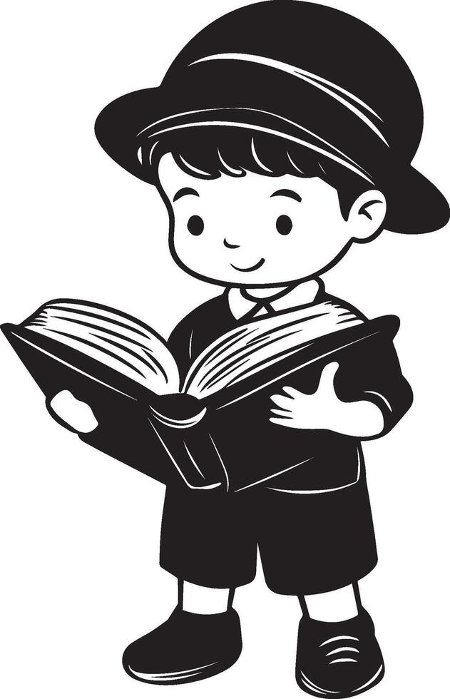 Jewish little boy holding holding open book clean simple silhouette black vector