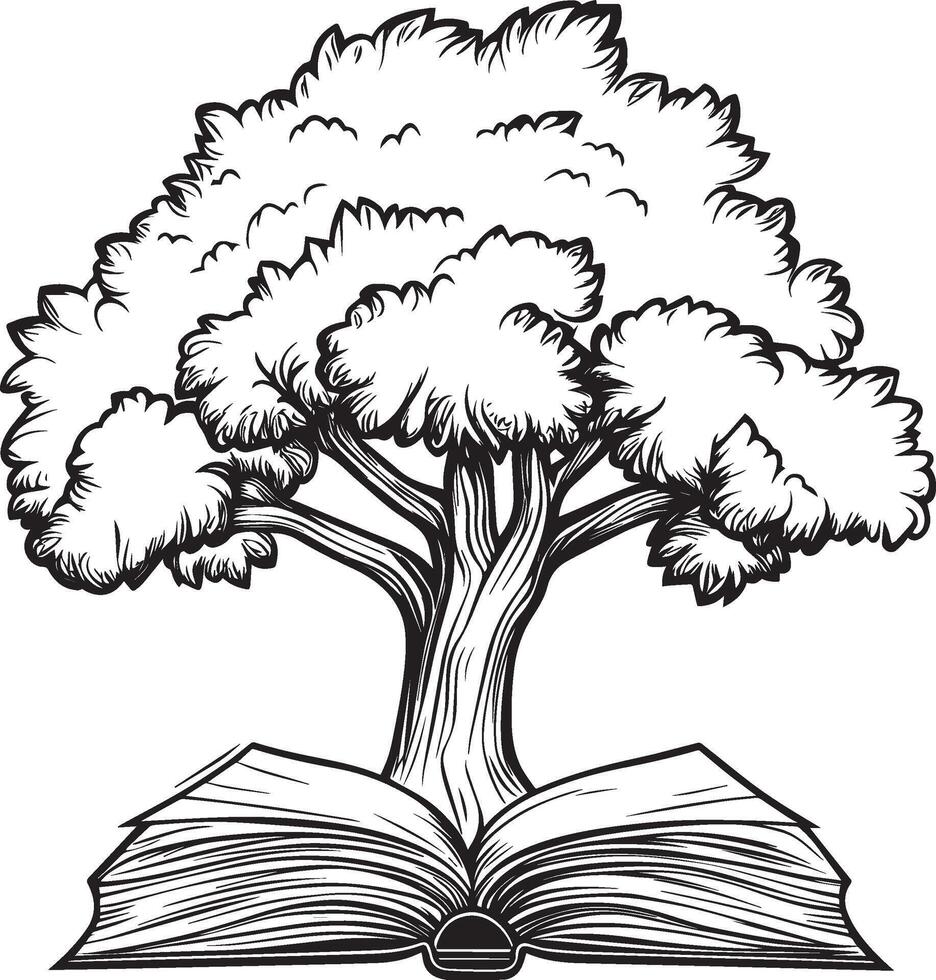 tree with an open book clean simple linear outline black vector