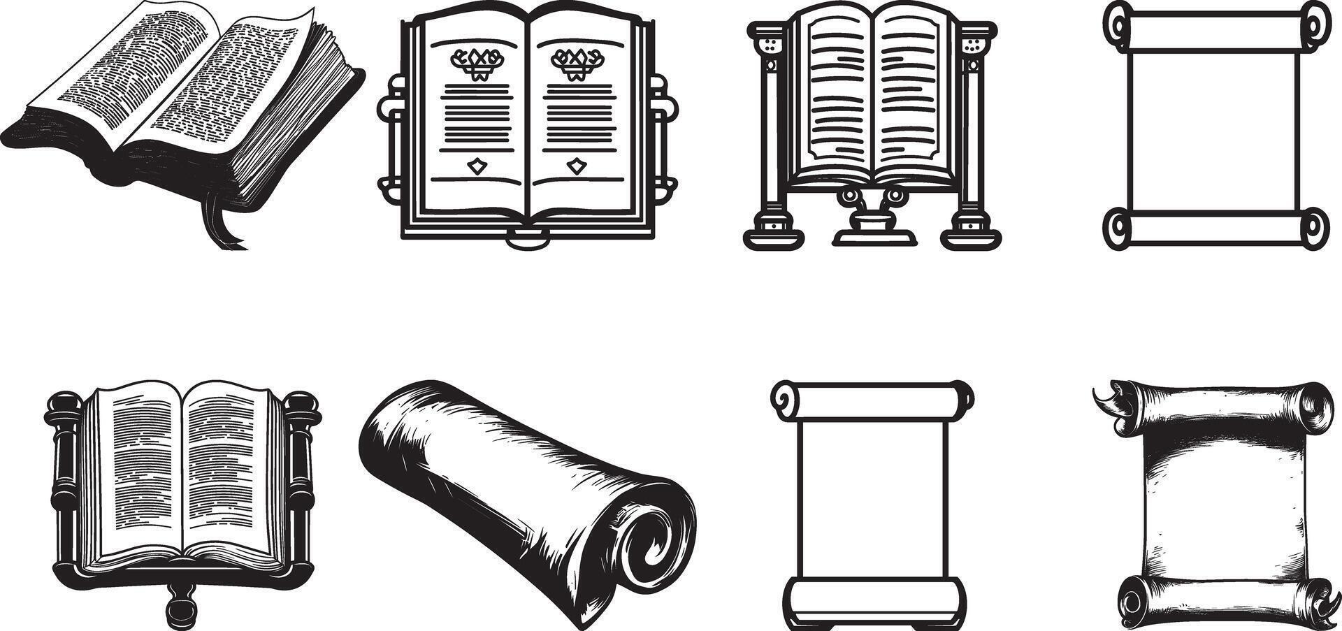 Collectiion of torah and scroll open clean simple silhouette black vector