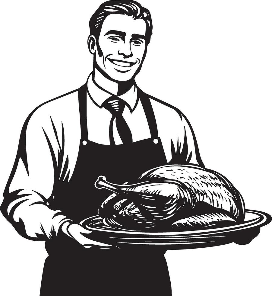 Smiling man holding a tray with roasted turkey for thanksgiving clean simple silhouette black vector