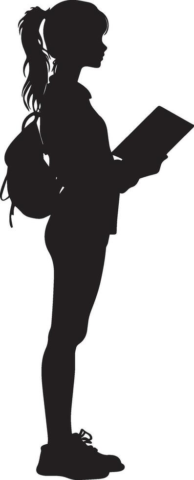 a silhouette of a girl with a backpack holding a book vector