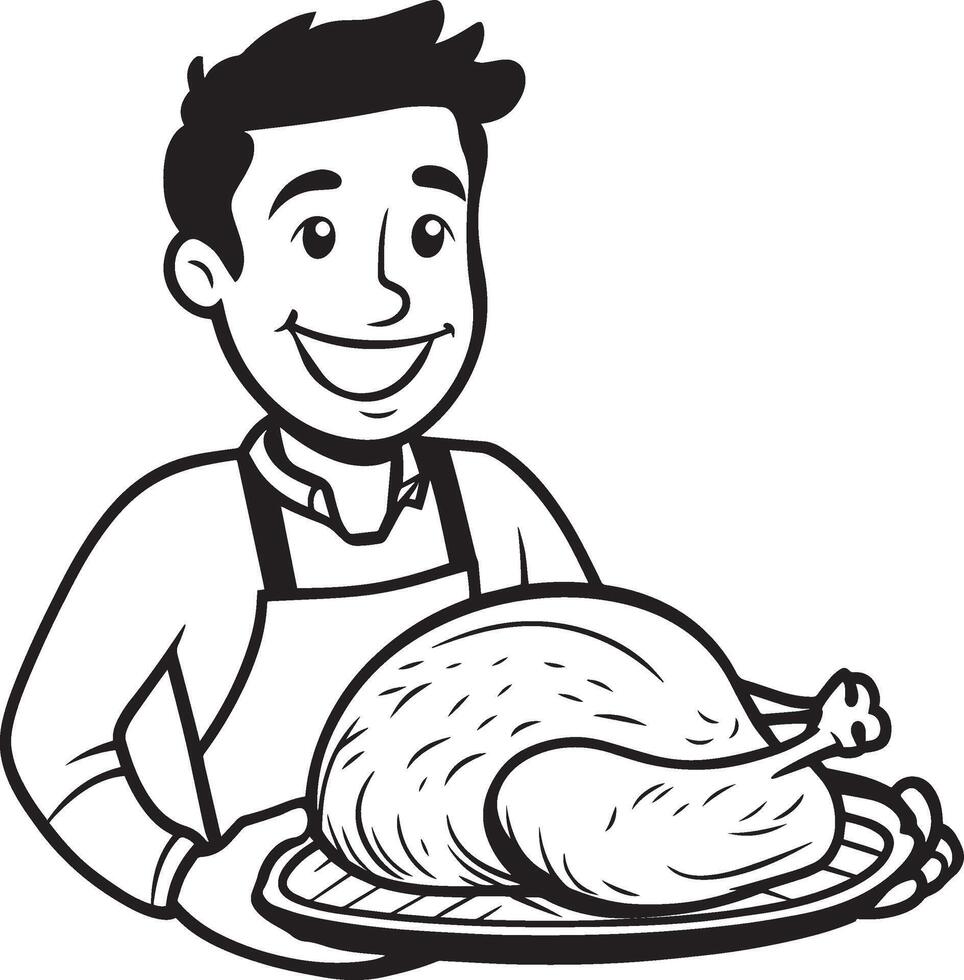 Smiling man holding a tray with roasted turkey for thanksgiving clean simple icon outline black vector