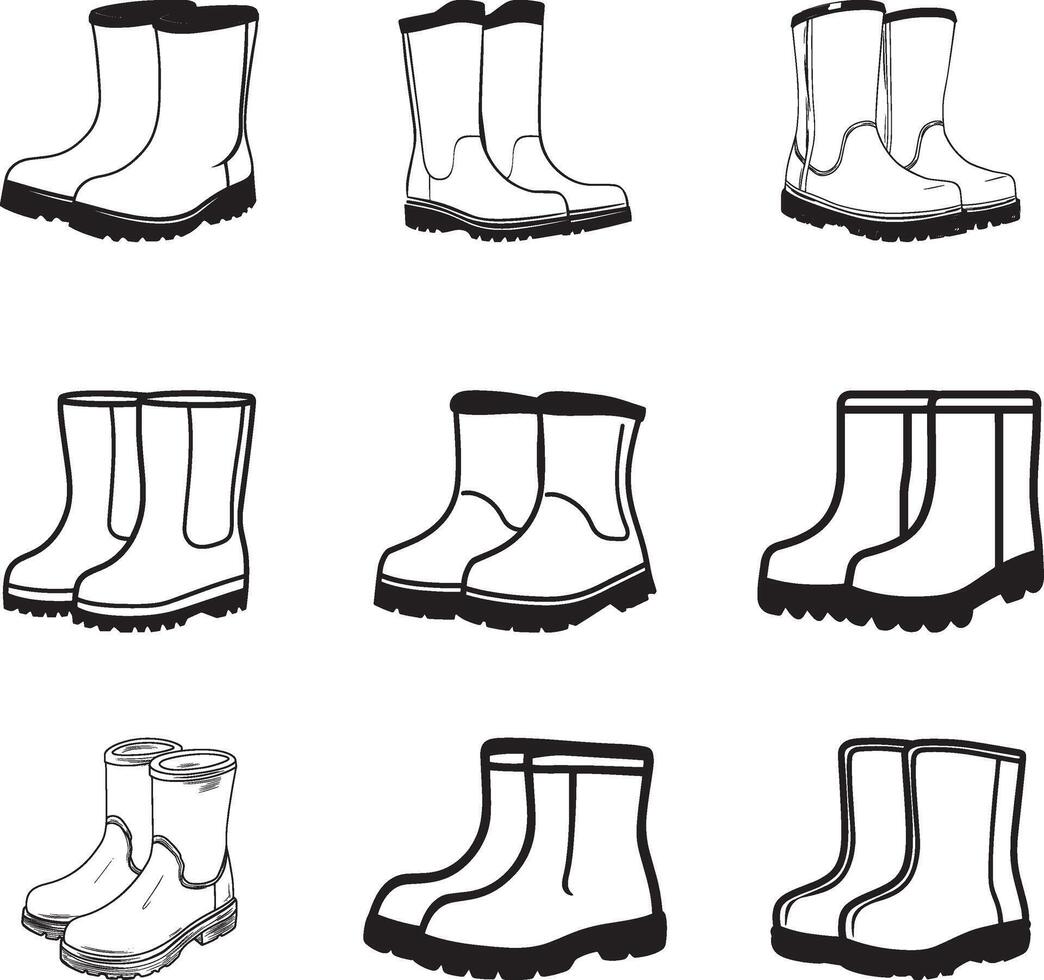 Collection of rubber boots clean simple silhouette black vector