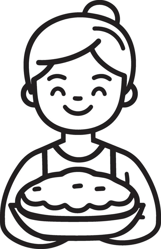 Smiling senior woman holding pumpkin pie for thanksgiving clean simple icon outline black vector