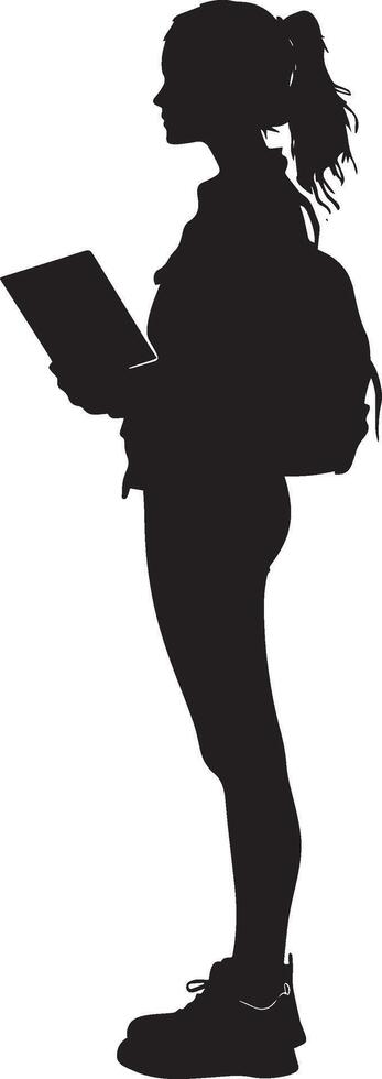 a silhouette of a woman with a backpack holding a laptop vector