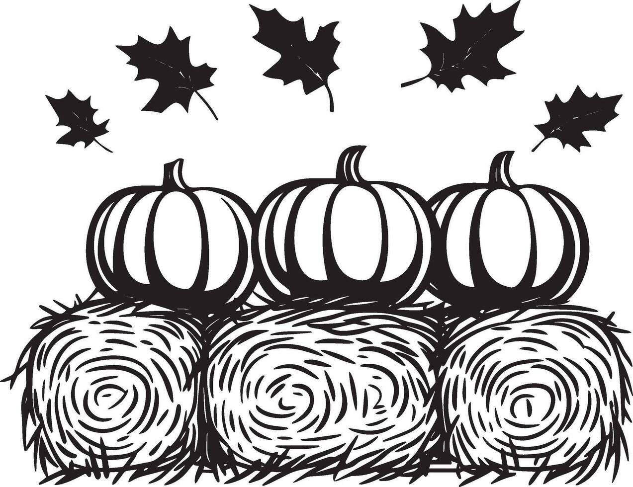 Pumpkins on hay bale with autumn leaves clean simple icon outline black vector