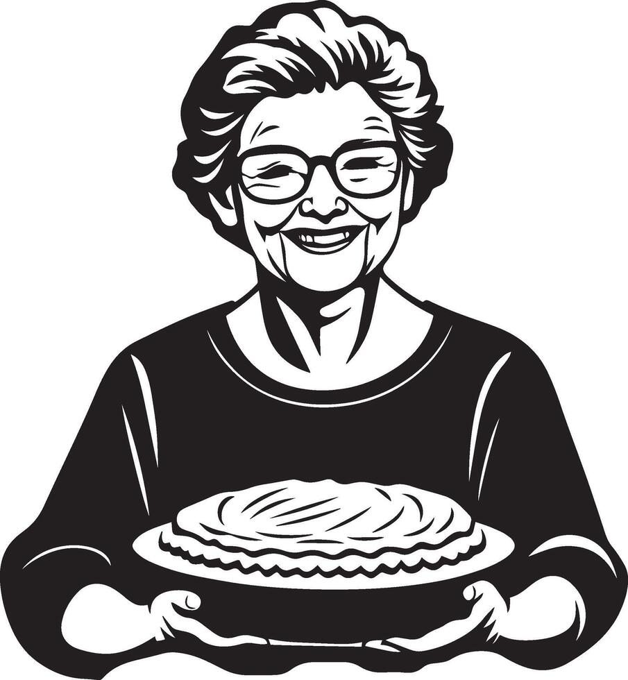 Smiling senior woman holding pumpkin pie for thanksgiving clean simple icon silhouette black vector