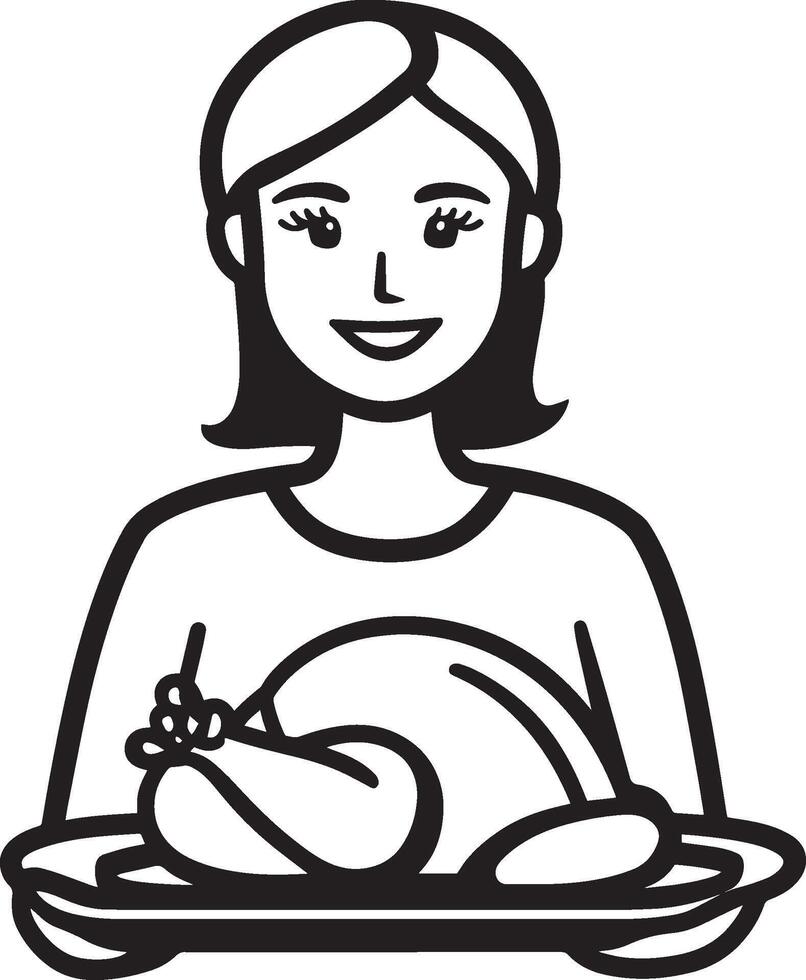 Smiling woman holding a tray with roasted turkey for thanksgiving clean simple icon outline black vector