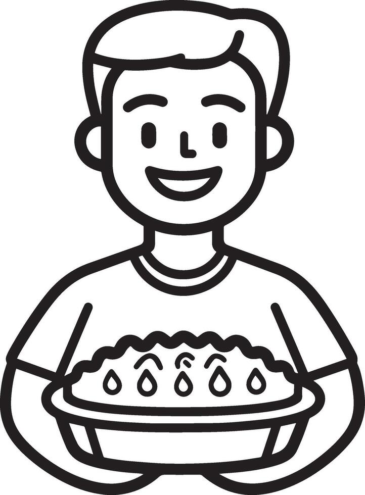 Smiling man holding pumpkin pie for thanksgiving clean simple icon outline black vector