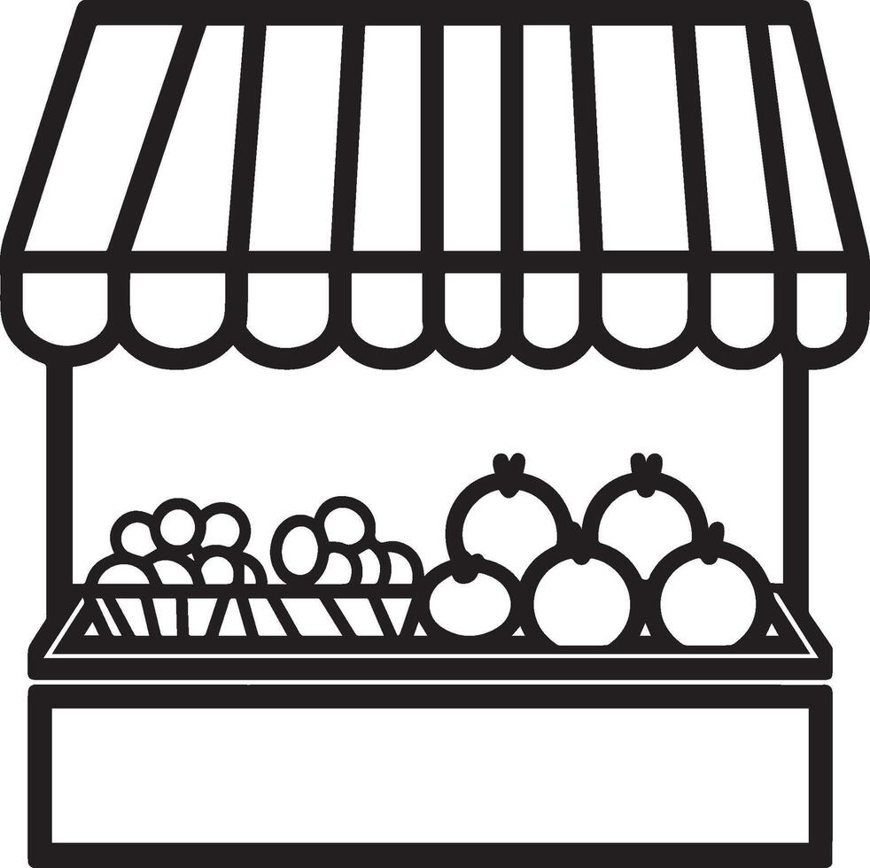 a black and white illustration of a fruit and vegetable stand vector
