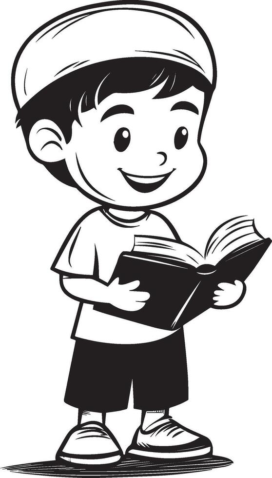 Jewish little boy holding holding open book clean simple linear outline black vector
